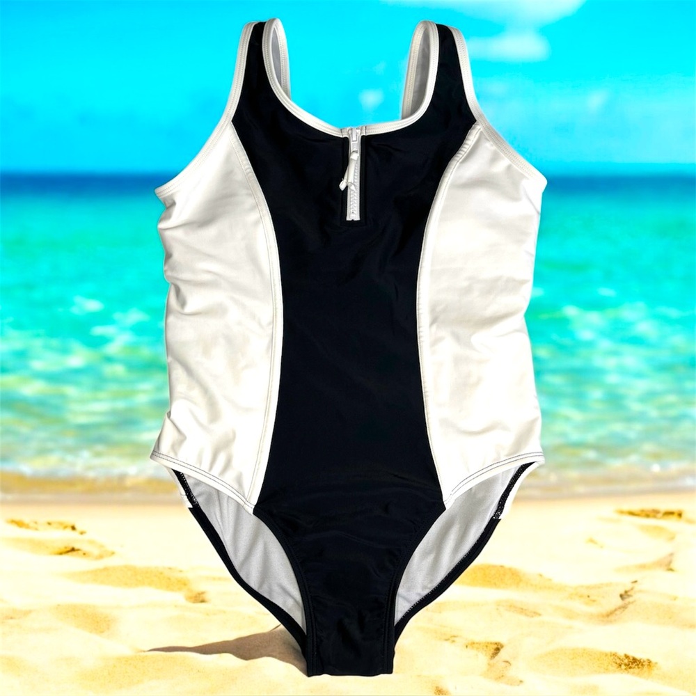 Raisins Girls One Piece Swimsuit 16 Black White Zip UPF 50 Removable Cups NWT